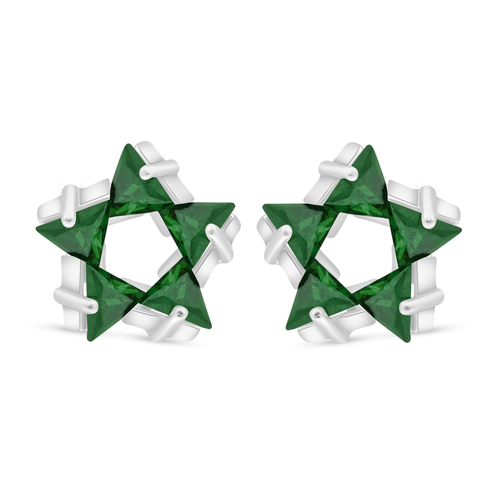 Sterling Silver 925 Earring Rhodium Plated Embedded With Emerald Zircon