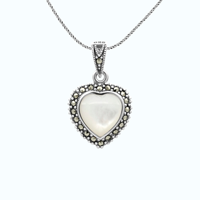 Sterling Silver 925 Pendant Embedded With Natural White Shell And Marcasite Stones