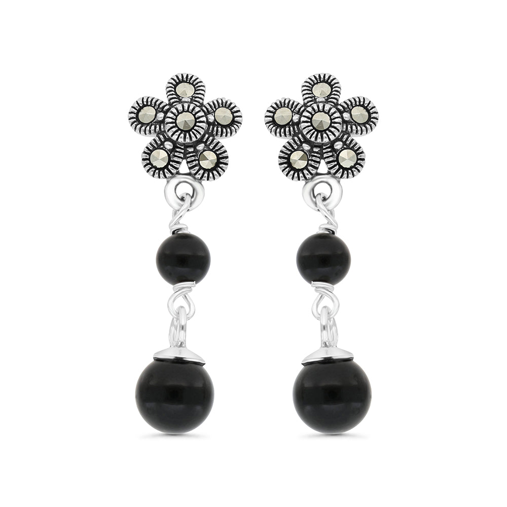 Sterling Silver 925 Earring Embedded With Natural Black Agate And Marcasite Stones
