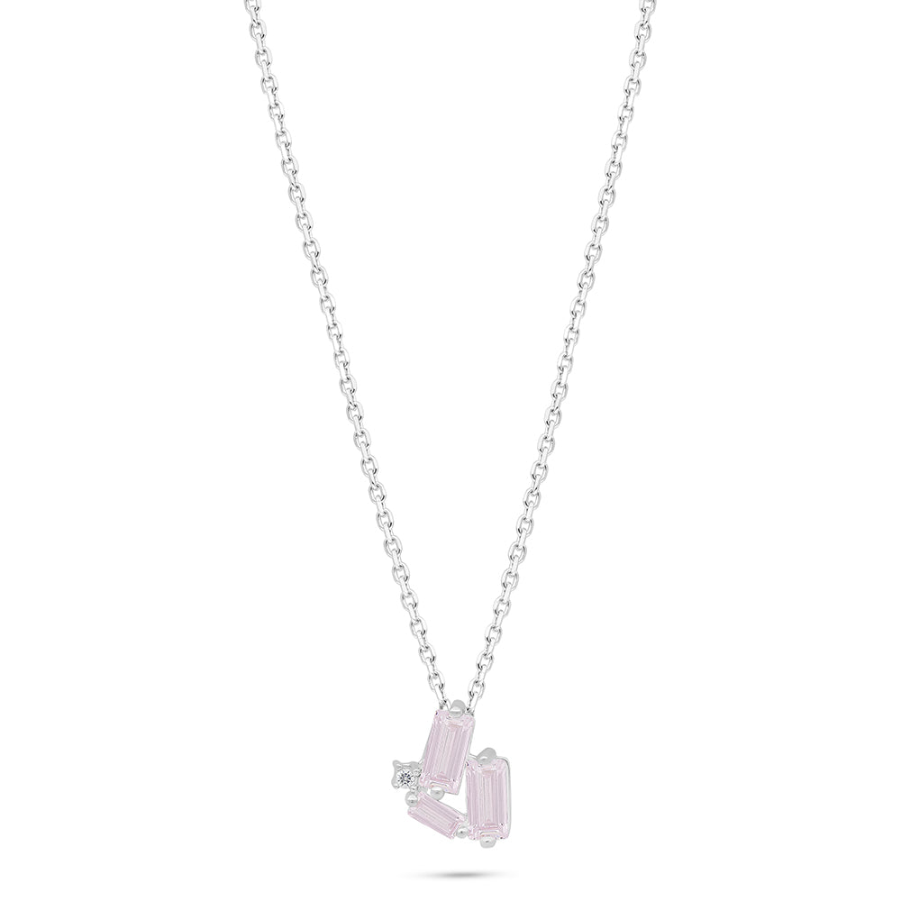 Sterling Silver 925 Necklace Rhodium Plated Embedded With Pink Zircon And White Zircon
