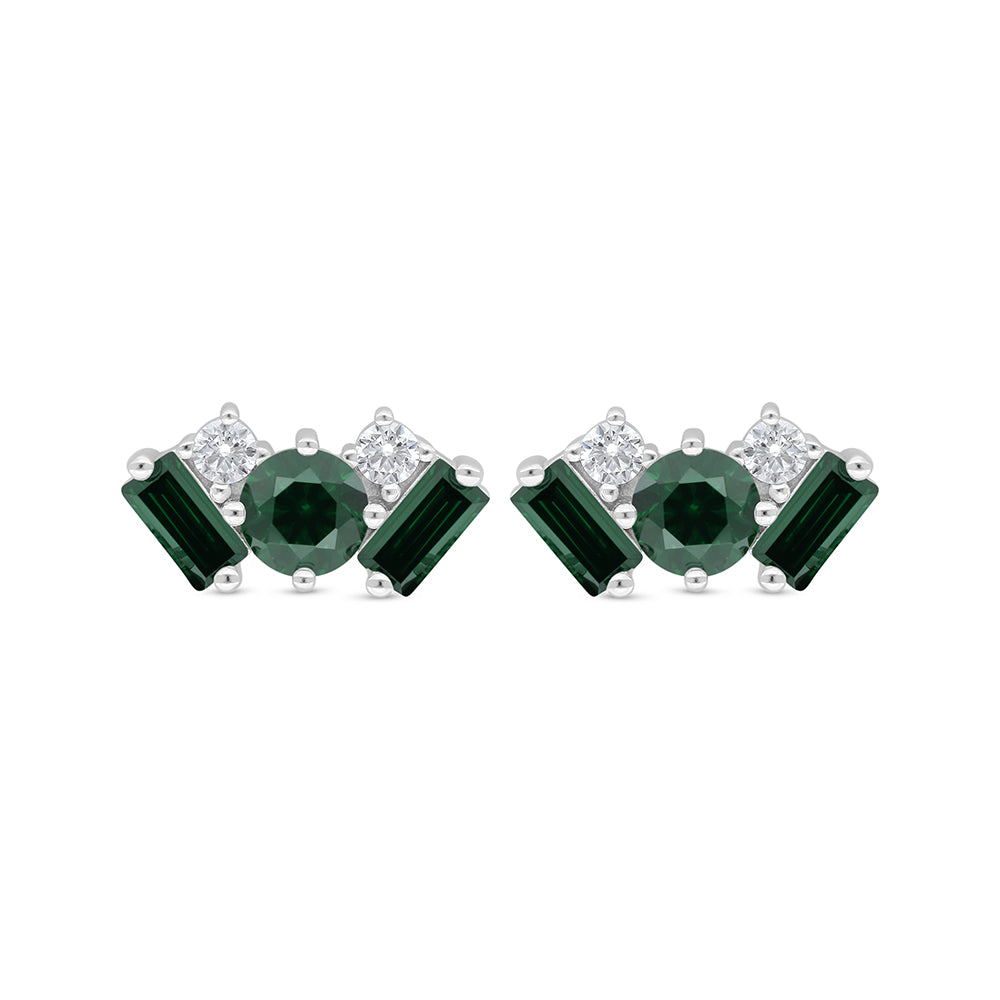 Sterling Silver 925 Earring Rhodium Plated Embedded With Emerald Zircon And White Zircon