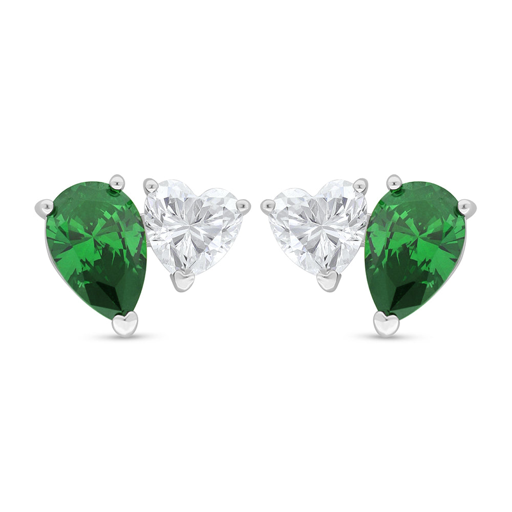 Sterling Silver 925 Earring Rhodium Plated Embedded With Emerald Zircon And White Zircon