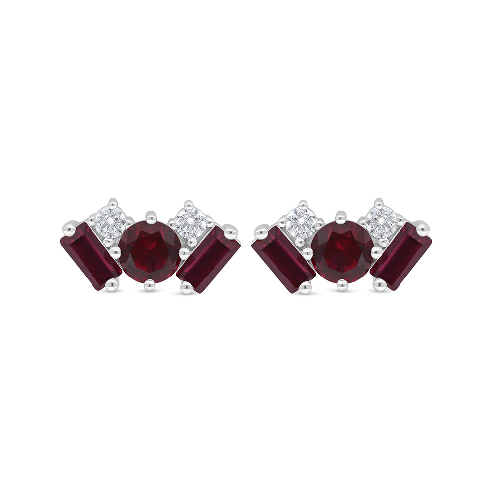 Sterling Silver 925 Earring Rhodium Plated Embedded With Ruby Corundum And White Zircon