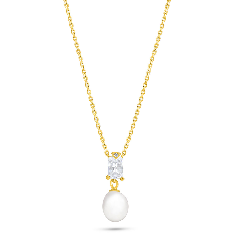 Sterling Silver 925 Necklace Golden Plated Embedded With Natural White Pearl And White Zircon