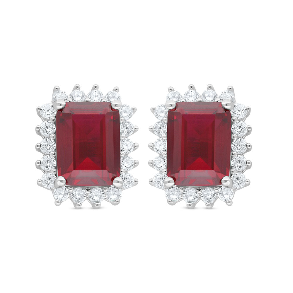 Sterling Silver 925 Earring Rhodium Plated Embedded With Ruby Corundum And White Zircon