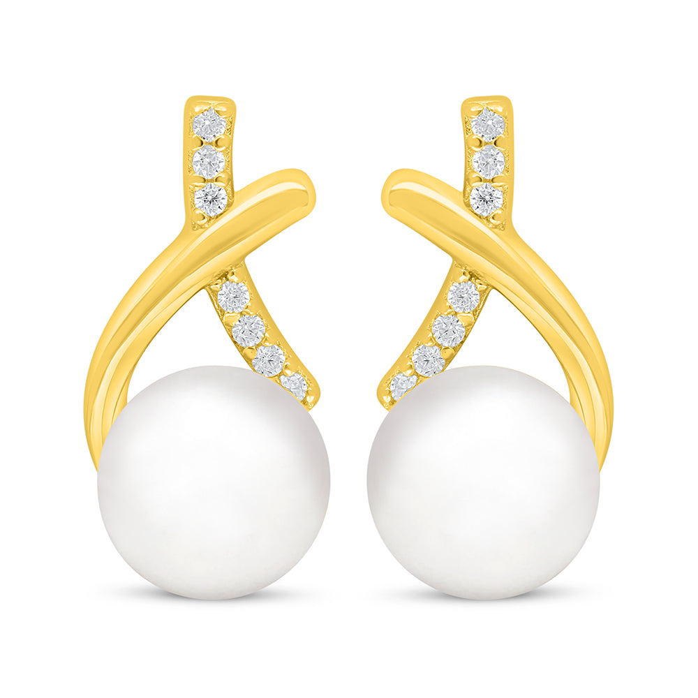 اقراط من الفضة الخالصة عيار 925 مطلية ذهبي مرصعة لولو ابيض طبيعي و فص ابيض