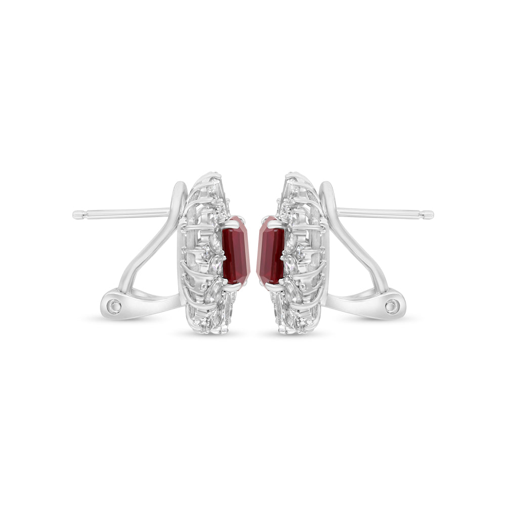 Sterling Silver 925 Earring Rhodium Plated Embedded With Ruby Corundum And White Zircon