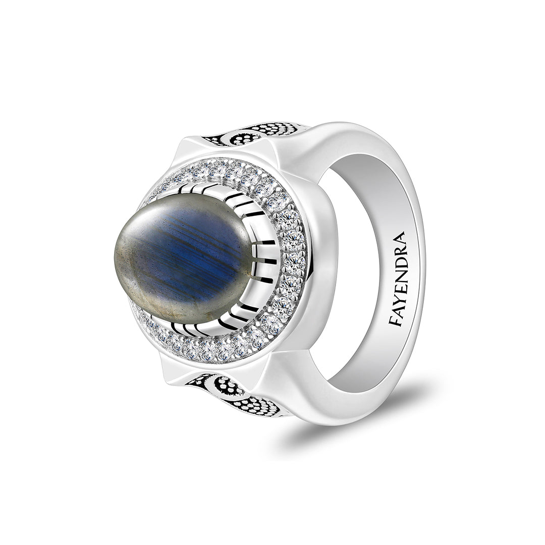 Sterling Silver 925 Ring Rhodium And Black Plated Embedded With Cabochon Labradorite And White Zircon For Men