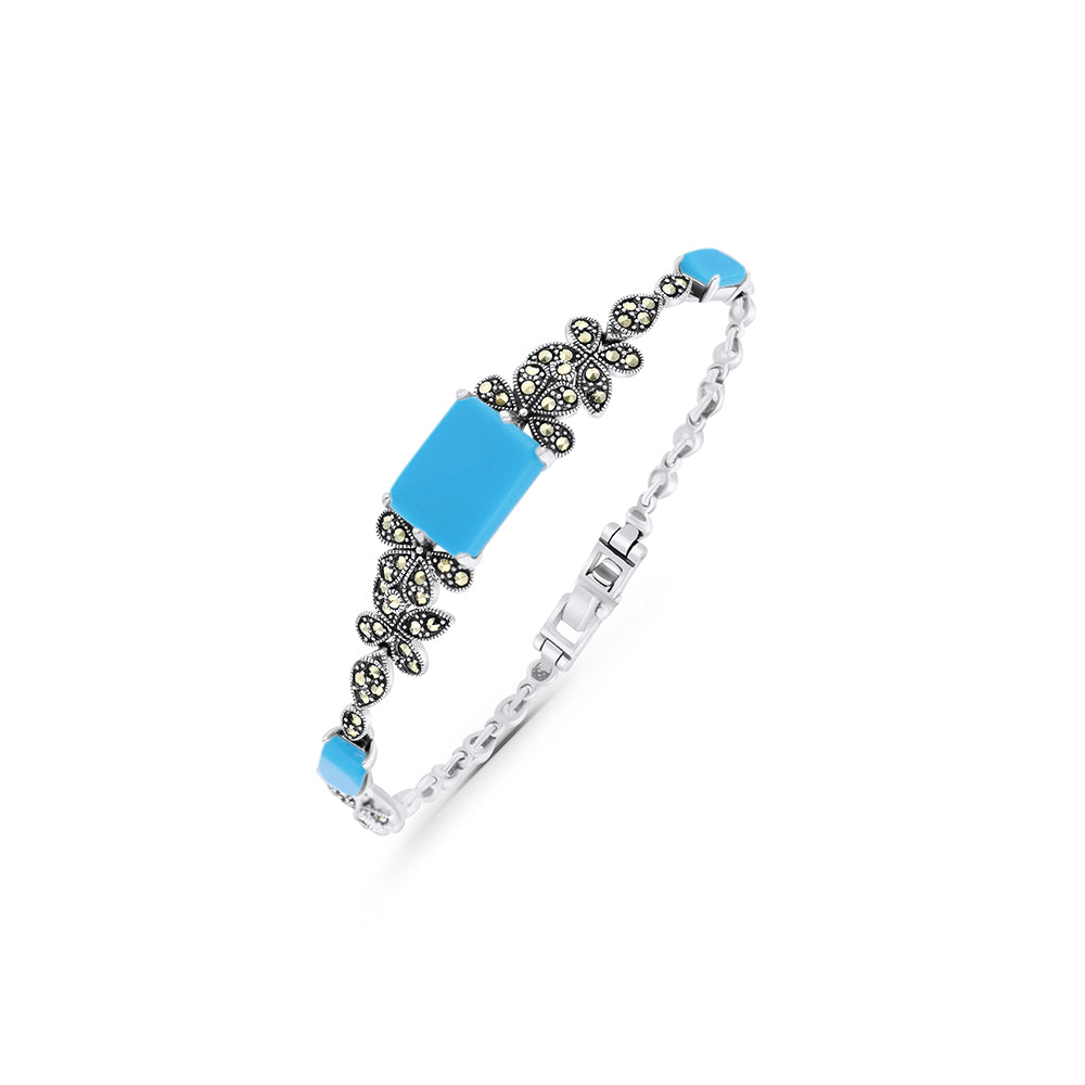 Sterling Silver 925 Bracelet Embedded With Natural Processed Turquoise And Marcasite Stones