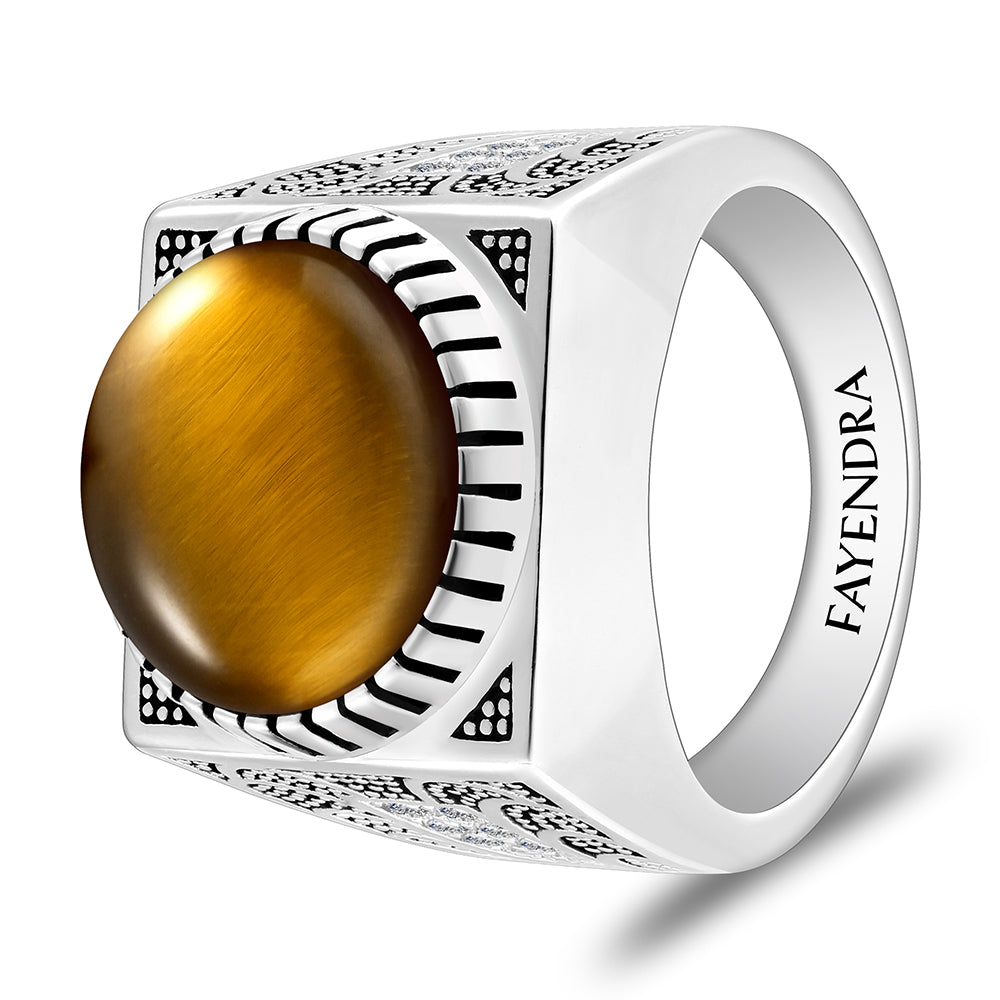 خاتم رجالي من الفضة الخالصة عيار 925 مطلي روديوم و اسود مرصع احجار عين النمر اصفر كابشون و فص ابيض