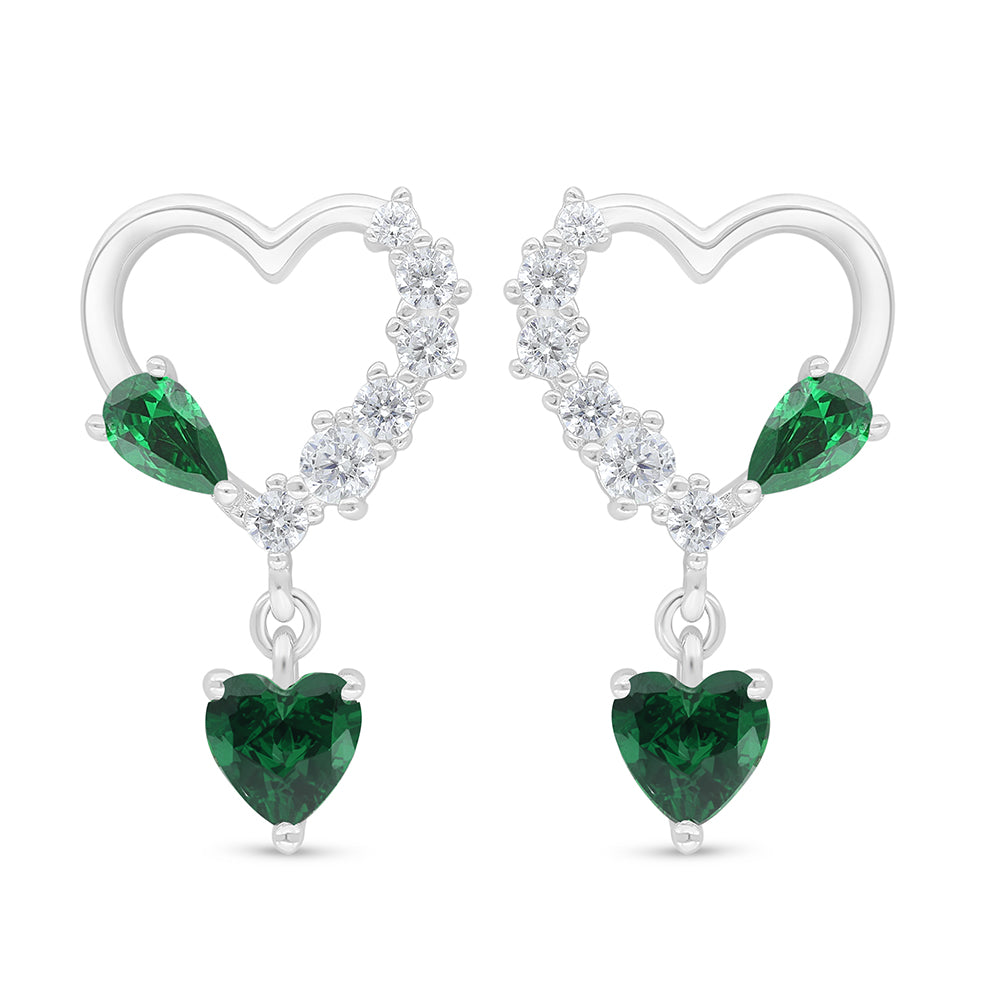 Sterling Silver 925 Earring Rhodium Plated Embedded With Emerald Zircon And White Zircon
