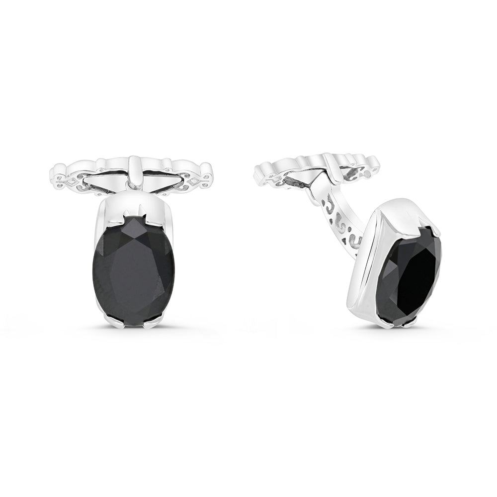 Sterling Silver 925 Cufflink Rhodium Plated Embedded With Black Spinal Stone