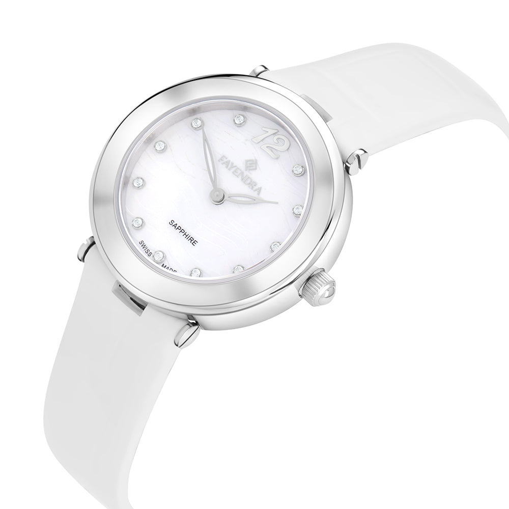 Stainless Steel 316L Watch Silver Color White Leather And White Zircon - WHITE MOP DIAL