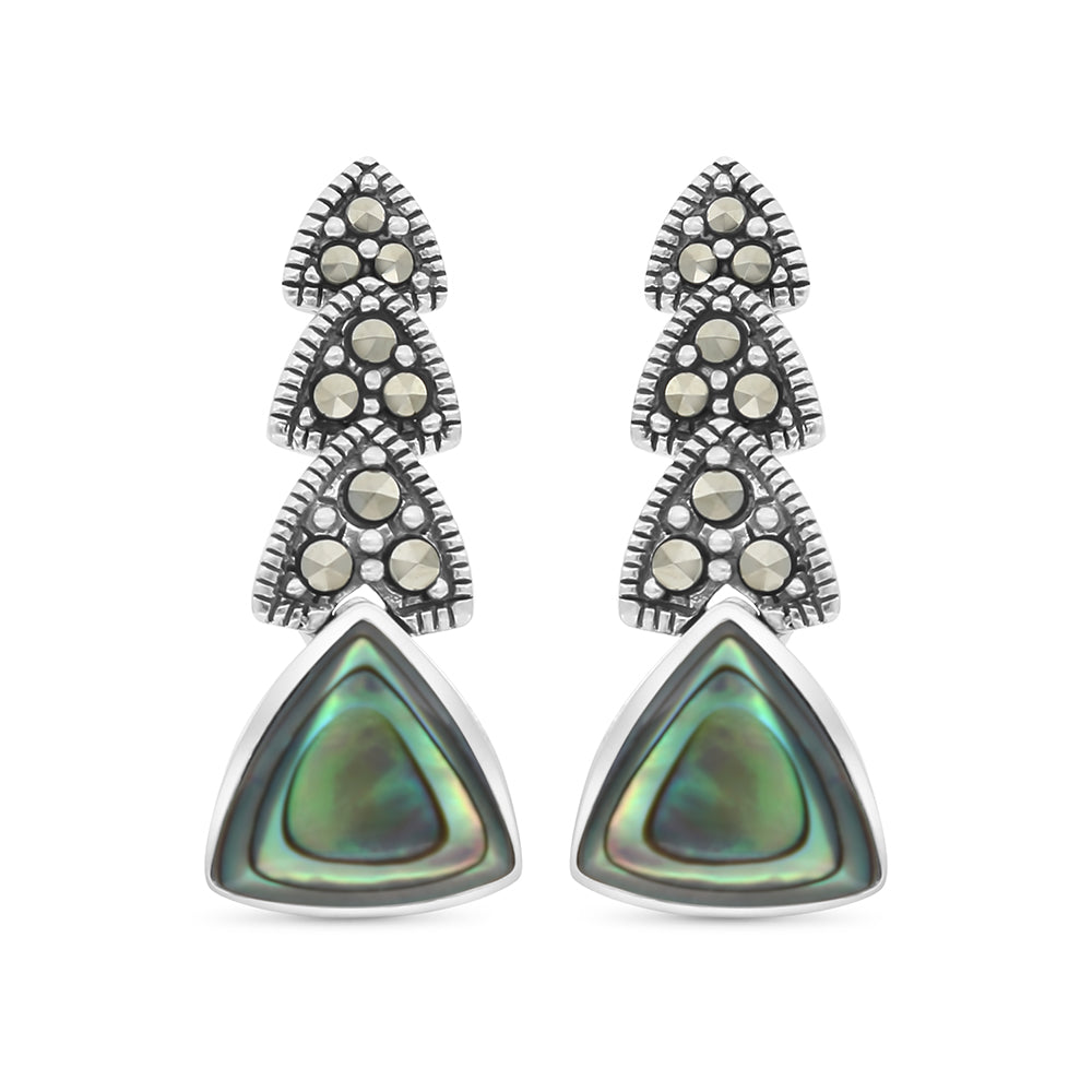 Sterling Silver 925 Earring Embedded With Natural Blue Shell And Marcasite Stones