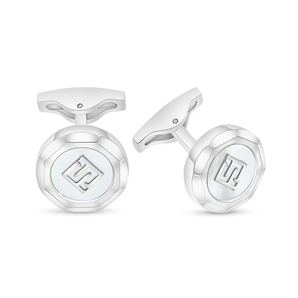 Stainless Steel Cufflink 316L Embedded With White Shell Shiny Steel