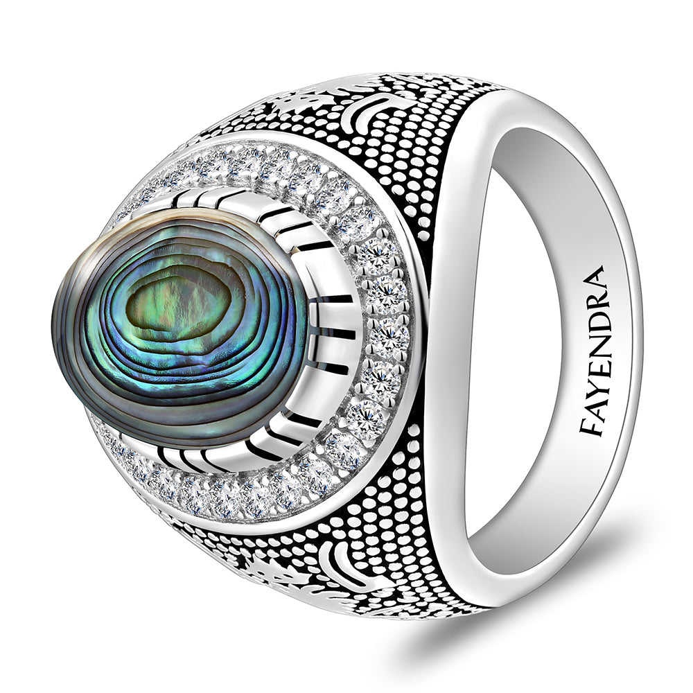 خاتم رجالي من الفضة الخالصة عيار 925 مطلي روديوم و اسود مرصع احجار صدف استرالي كابشون و فص ابيض