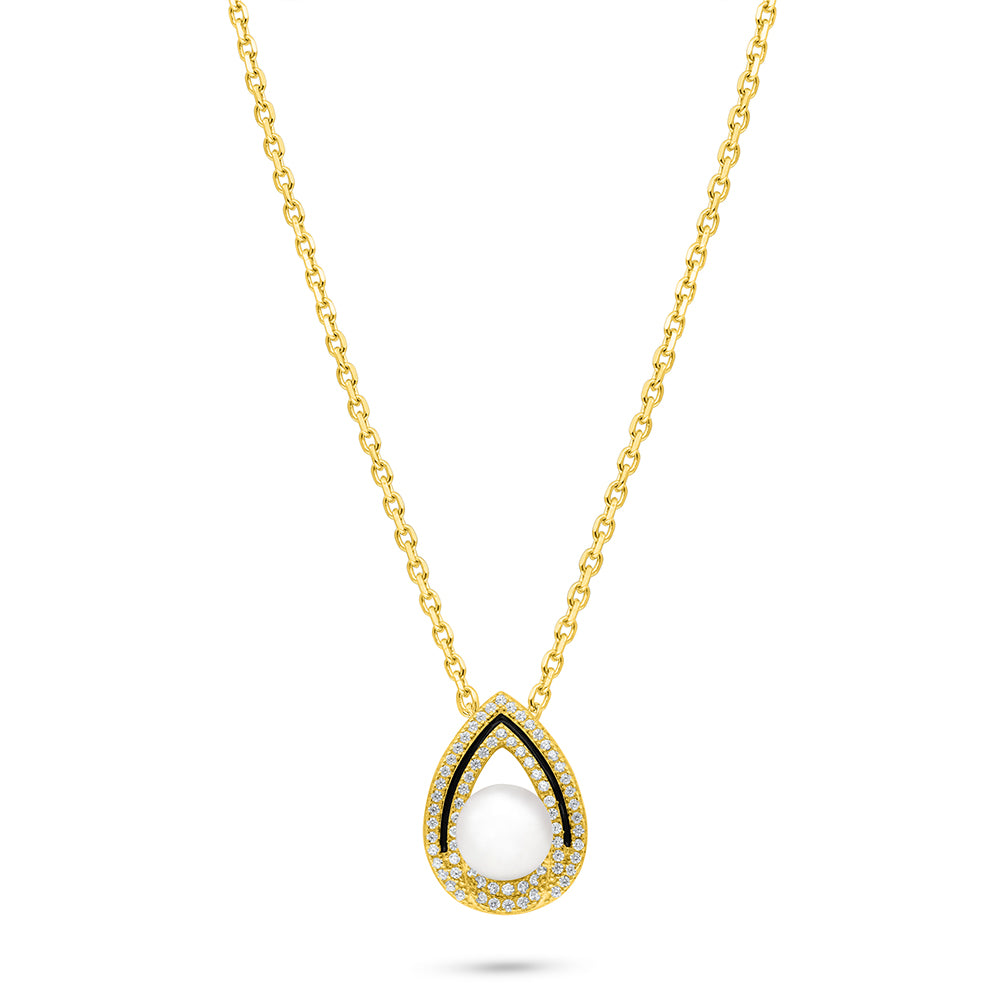 Sterling Silver 925 Necklace Golden Plated Embedded With Natural White Pearl And White Zircon