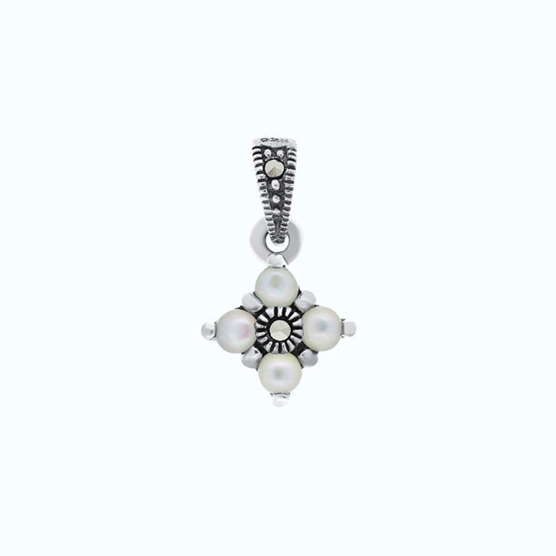 Sterling Silver 925 Pendant Embedded With Natural White Shell And Marcasite Stones
