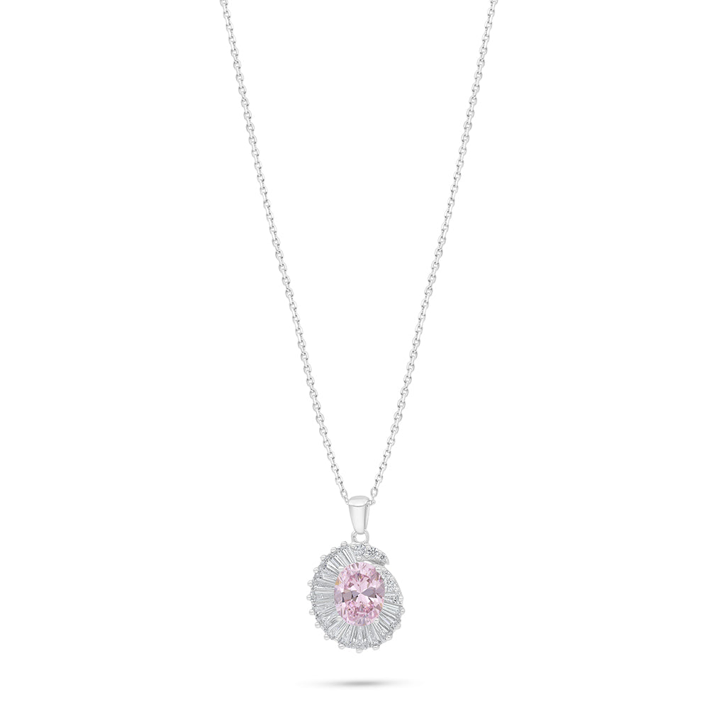 Sterling Silver 925 Necklace Rhodium Plated Embedded With Pink Zircon And White Zircon