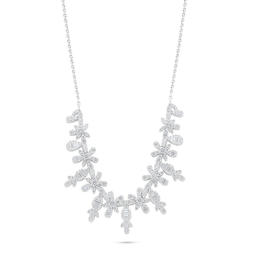 Sterling Silver 925 Necklace Rhodium Plated Embedded With White Zircon