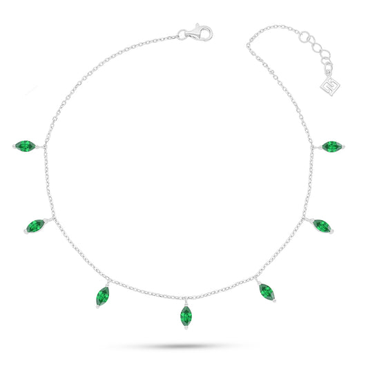 Sterling Silver 925 Anklet Rhodium Plated Embedded With Emerald Zircon