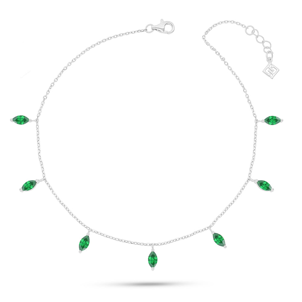 Sterling Silver 925 Anklet Rhodium Plated Embedded With Emerald Zircon