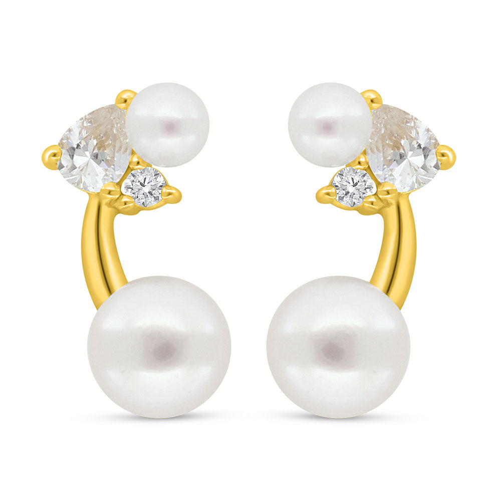 Sterling Silver 925 Earring Golden Plated Embedded With Fresh Water Pearl And White Zircon