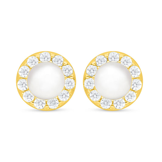 Sterling Silver 925 Earring Golden Plated Embedded With Natural White Pearl And White Zircon