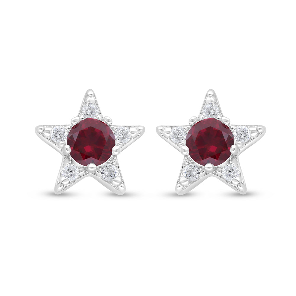 Sterling Silver 925 Earring Rhodium Plated Embedded With Ruby Corundum And White Zircon