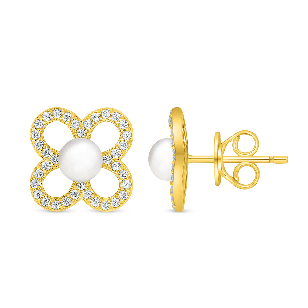 Sterling Silver 925 Earring Golden Plated Embedded With Natural White Pearl And White Zircon