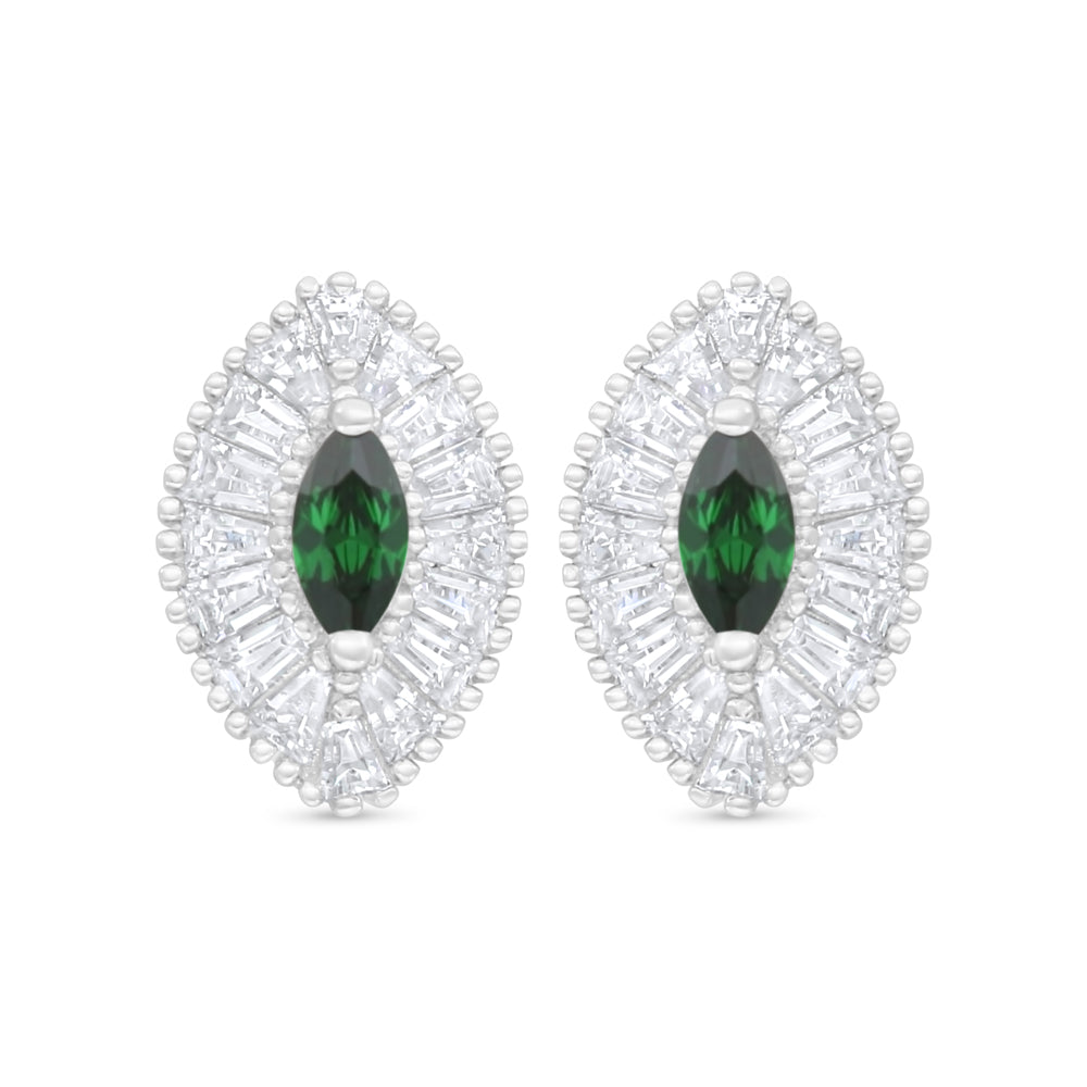 Sterling Silver 925 Earring Rhodium Plated Embedded With Emerald Zircon And White Zircon
