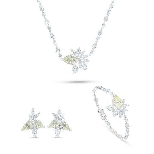 طقم من الفضة الخالصة عيار 925 مطلي روديوم مرصع احجار زركون كناري الماسي و فص ابيض