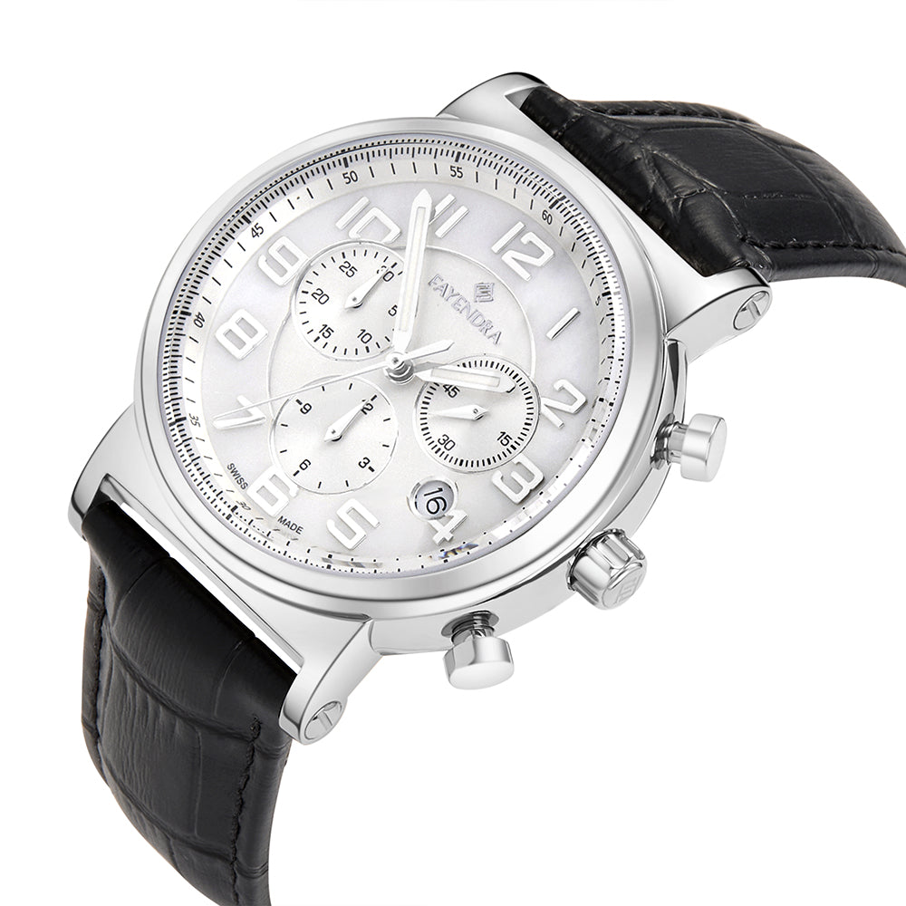 Stainless Steel 316L Watch Silver Color Black Leather For Men - WHITE MOP DIAL