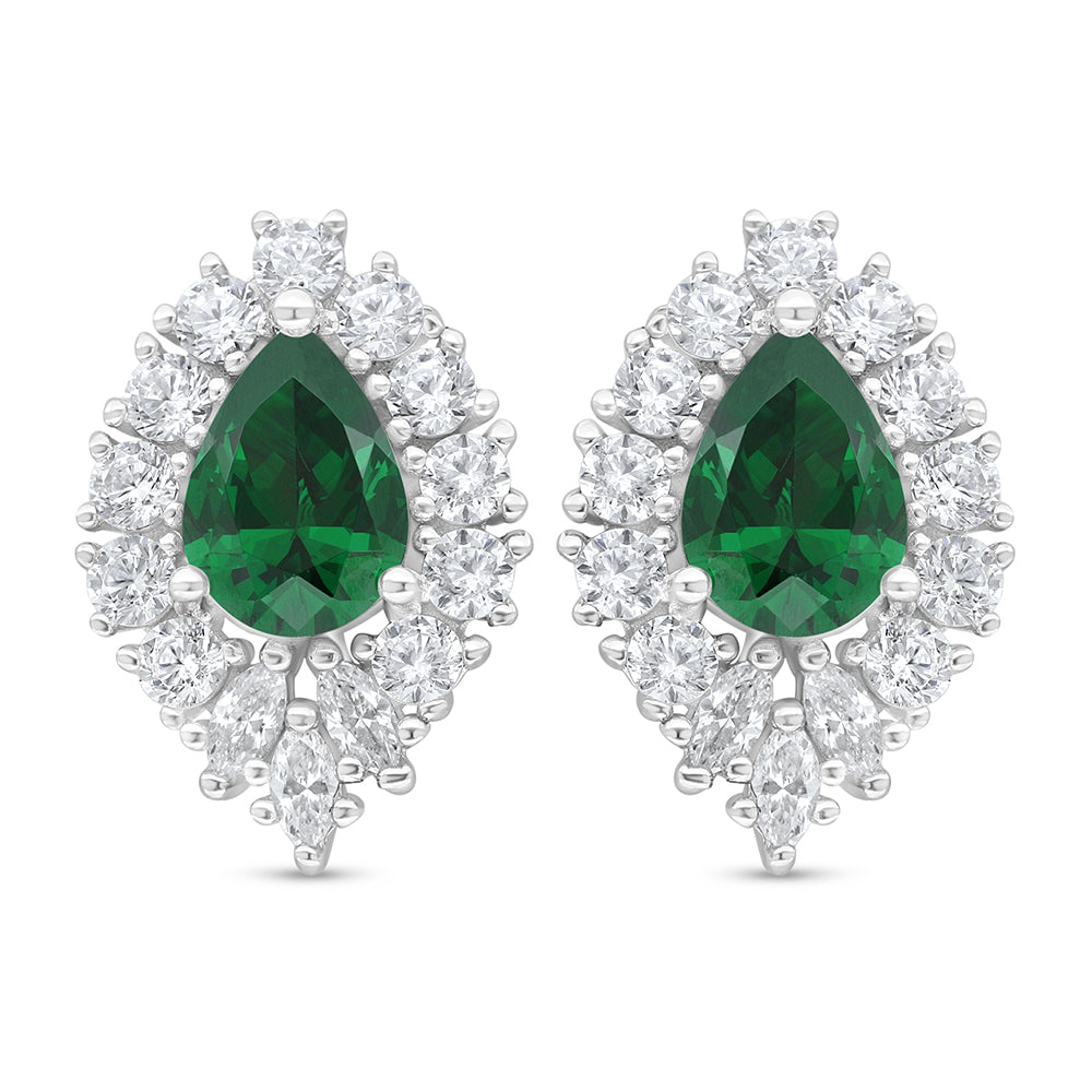 Sterling Silver 925 Earring Rhodium Plated Embedded With Emerald Zircon And White Zircon