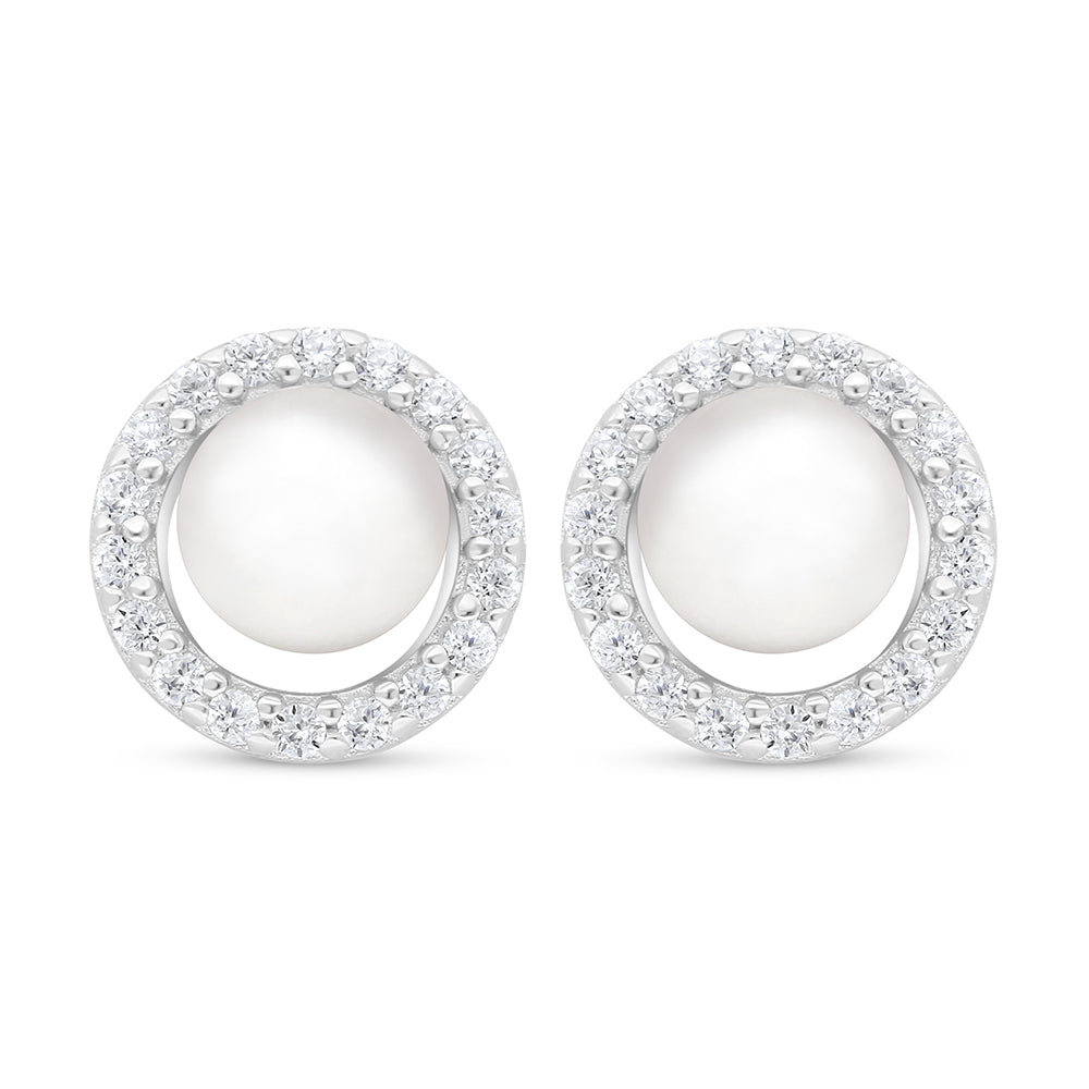 Sterling Silver 925 Earring Rhodium Plated Embedded With Natural White Pearl And White Zircon