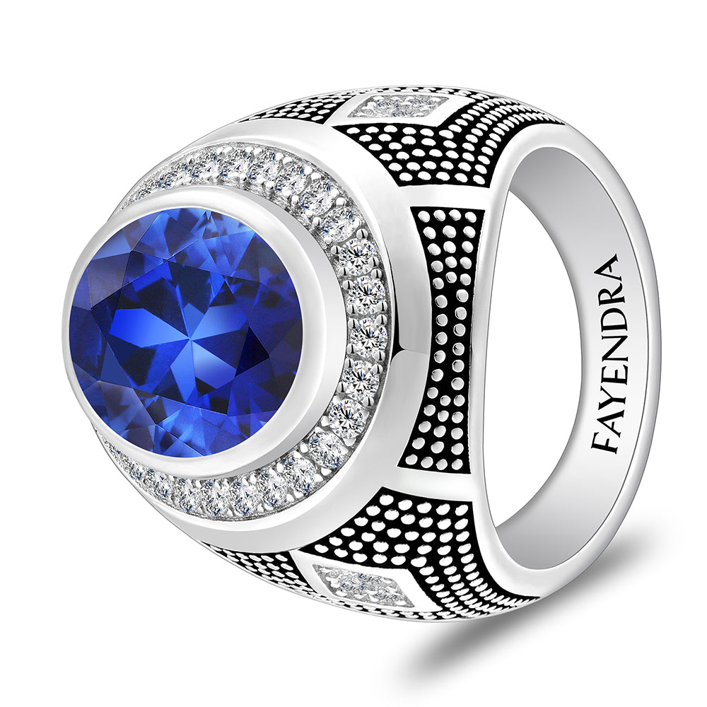 خاتم رجالي من الفضة الخالصة عيار 925 مطلي روديوم و اسود مرصع احجار زفير كروندوم و فص ابيض