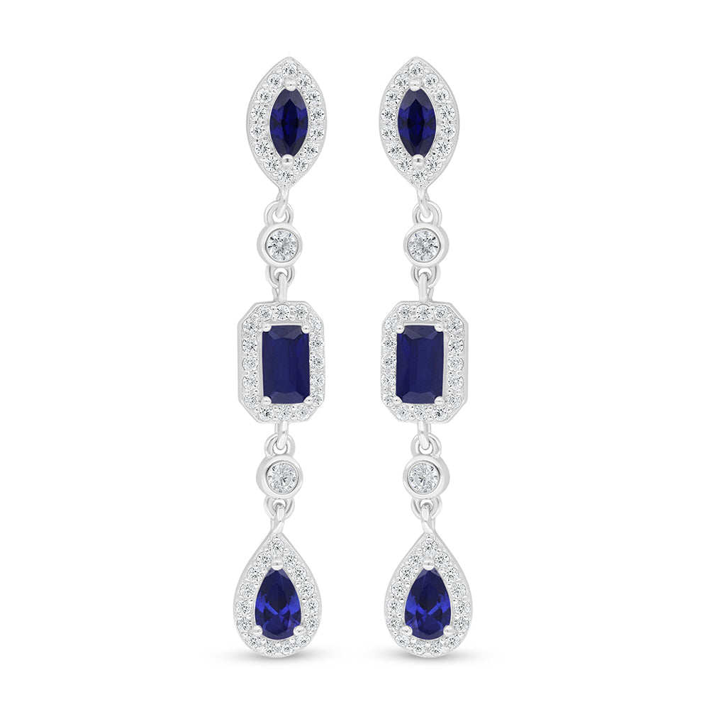 Sterling Silver 925 Earring Rhodium Plated Embedded With Sapphire Corundum And White Zircon