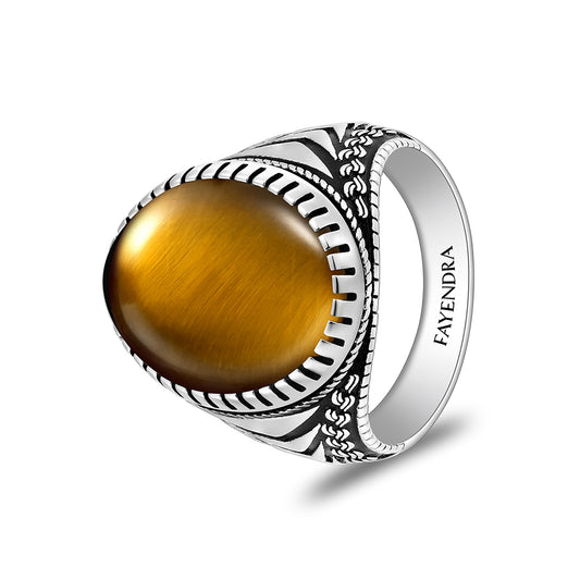 Sterling Silver 925 Ring Rhodium And Black Plated Embedded With Yellow Tiger Eye Cabochon For Men