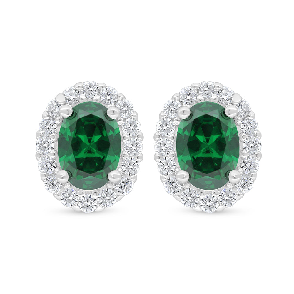 Sterling Silver 925 Earring Rhodium Plated Embedded With Emerald Zircon And White Zircon