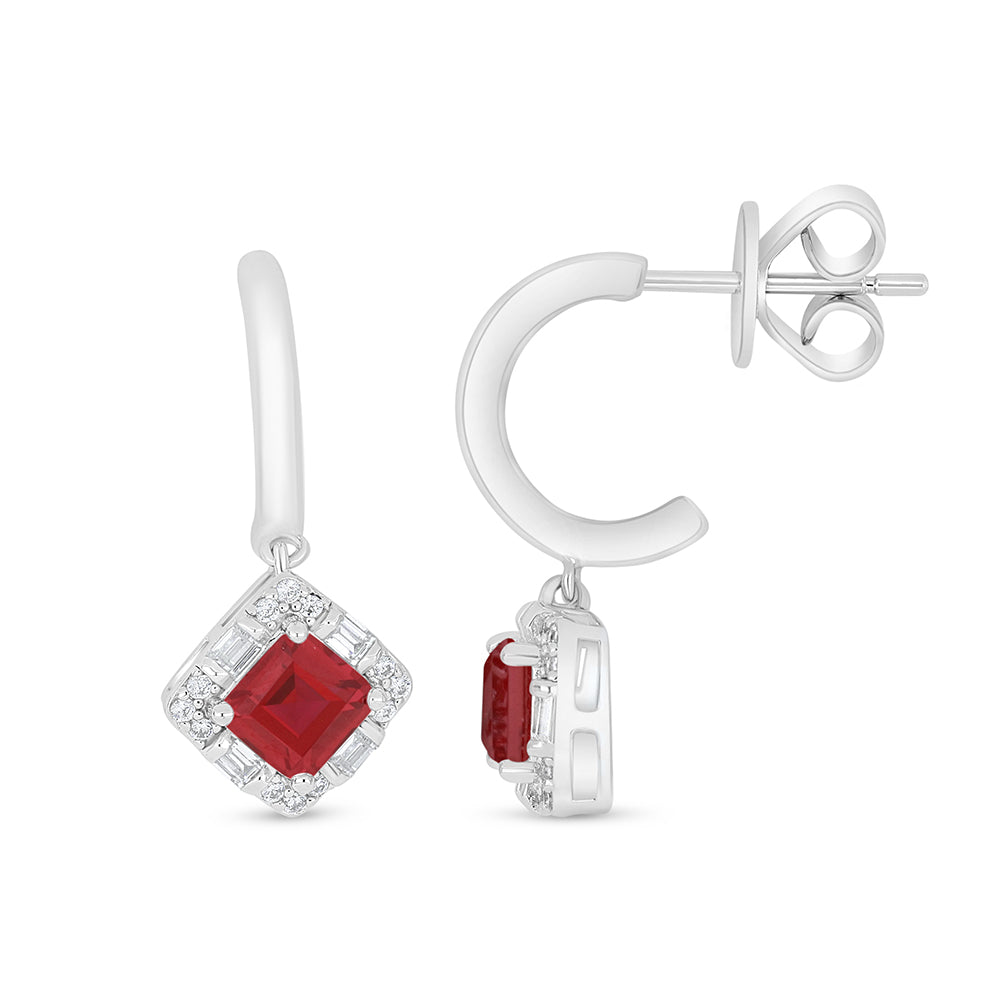Sterling Silver 925 Earring Rhodium Plated Embedded With Ruby Corundum And White Zircon