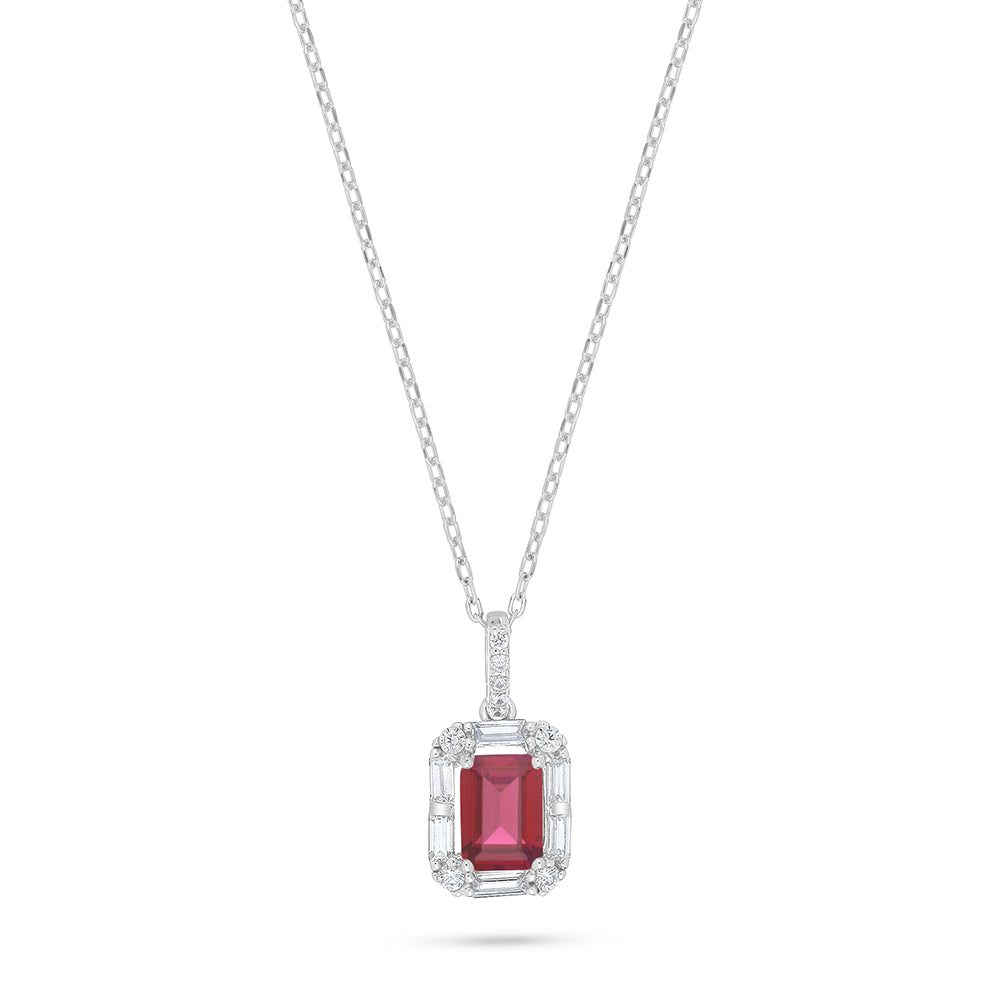Sterling Silver 925 Necklace Rhodium Plated Embedded With Ruby Corundum And White Zircon