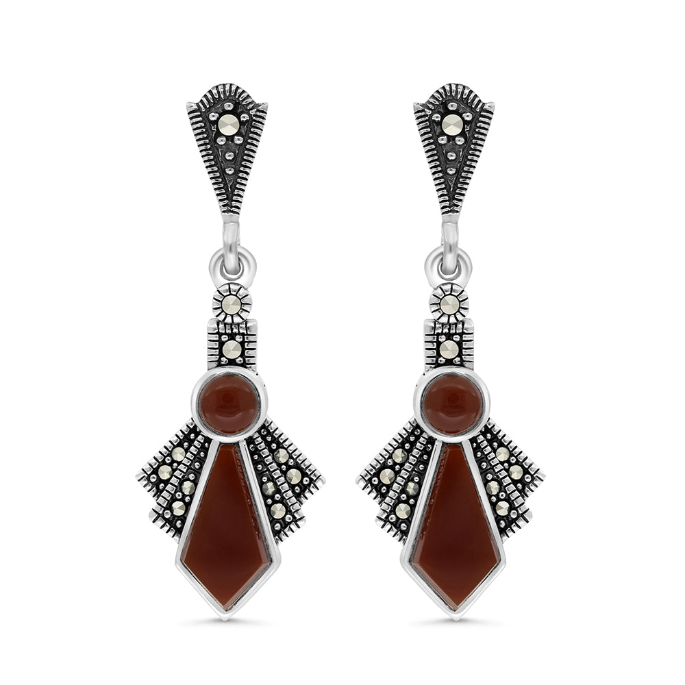 Sterling Silver 925 Earring Embedded With Natural Aqiq And Marcasite Stones