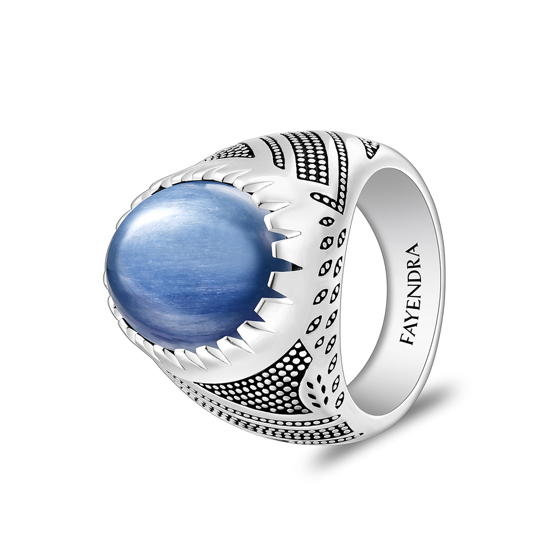 Sterling Silver 925 Ring Rhodium And Black Plated Embedded With Natural Kyanite Cabochon For Men