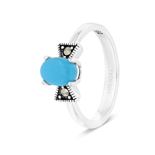 Sterling Silver 925 Ring Embedded With Natural Processed Turquoise And Marcasite Stones