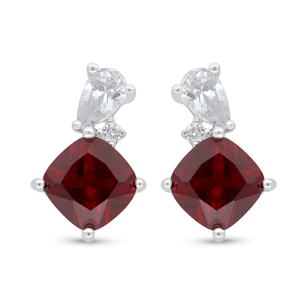 Sterling Silver 925 Earring Rhodium Plated Embedded With Ruby Corundum And White Zircon