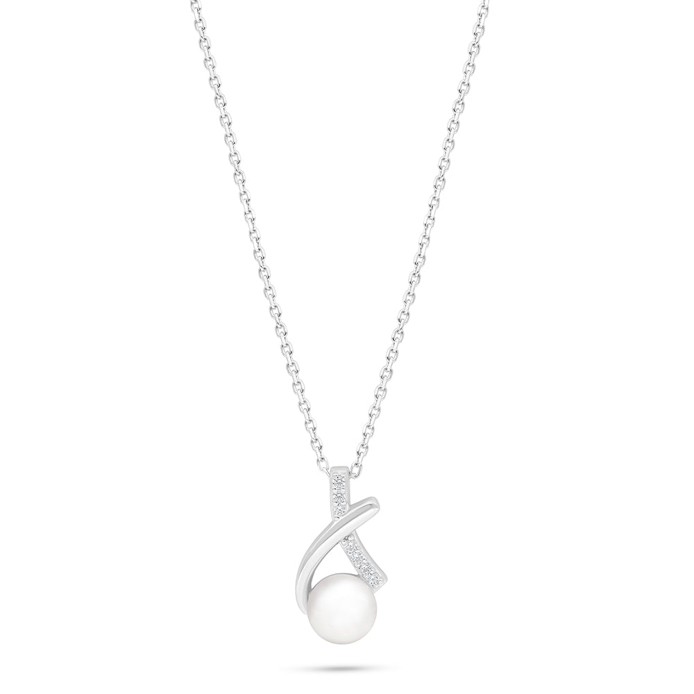 Sterling Silver 925 Necklace Rhodium Plated Embedded With Natural White Pearl And White Zircon