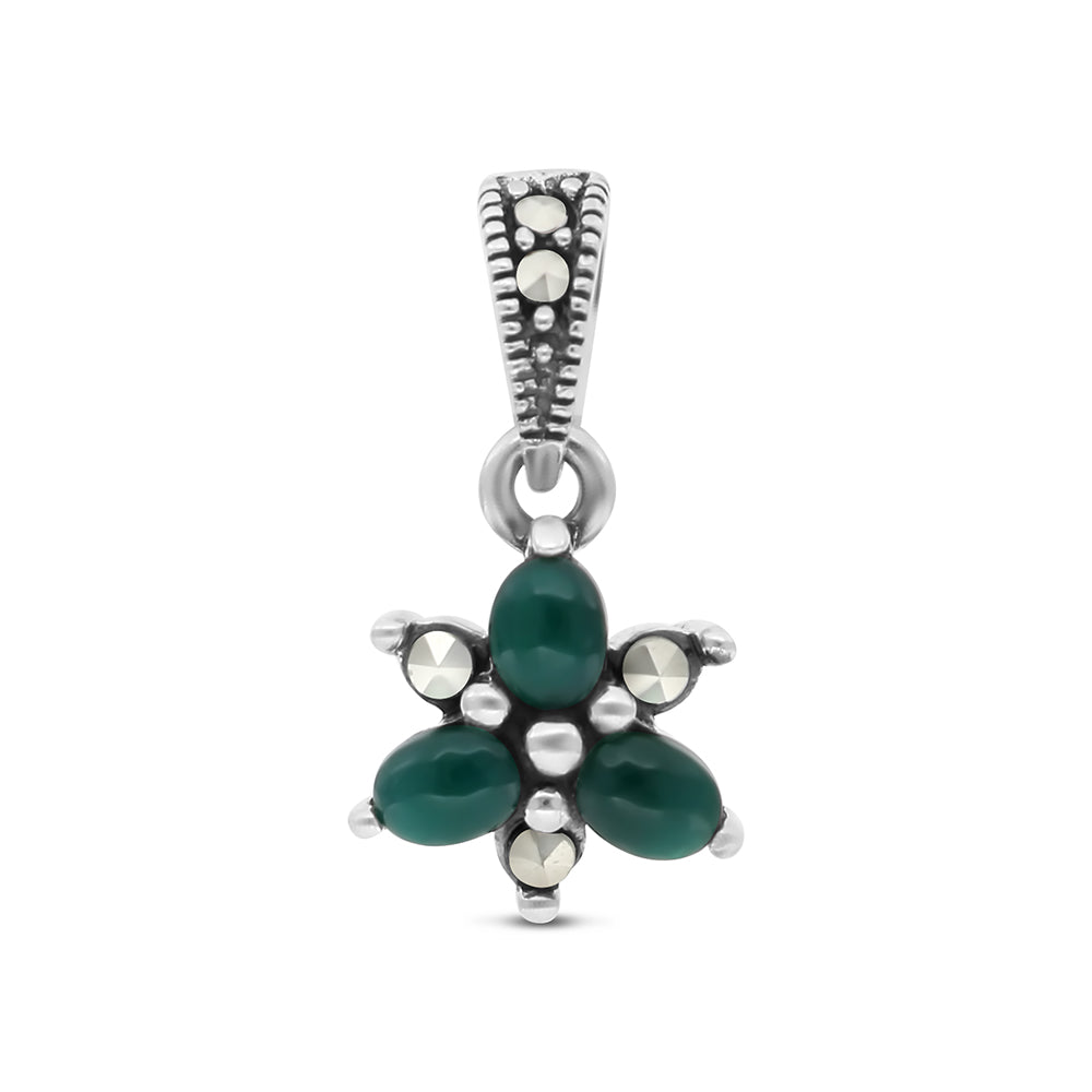 Sterling Silver 925 Pendant Embedded With Natural Green Agate And Marcasite Stones