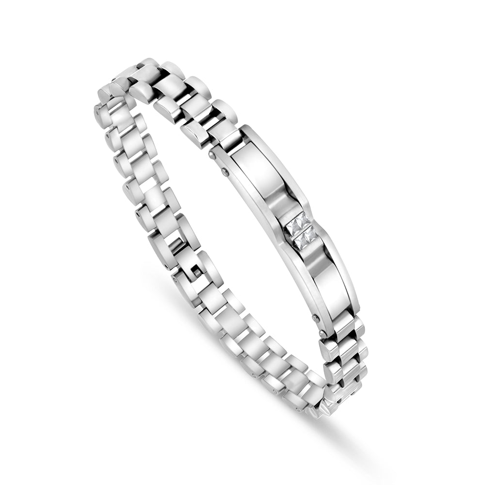 Stainless Steel 316L And 304 L Bracelet, Silver Color And White Zircon For Men