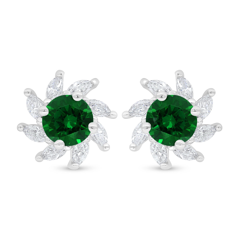 Sterling Silver 925 Earring Rhodium Plated Embedded With Emerald Zircon And White Zircon