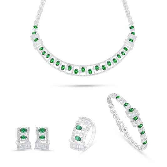 طقم من الفضة الخالصة عيار 925 مطلي روديوم مرصع احجار زركون زمردي و فص ابيض
